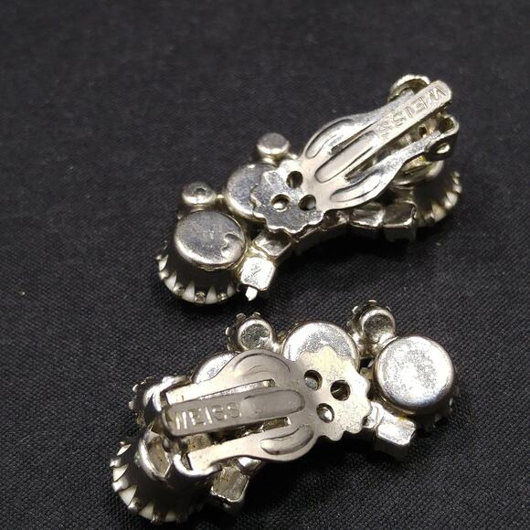 Weiss Aurora Borealis Blue Rhinestone Clip Earrings, White Milk Glass Cabochons - Picture 6 of 10